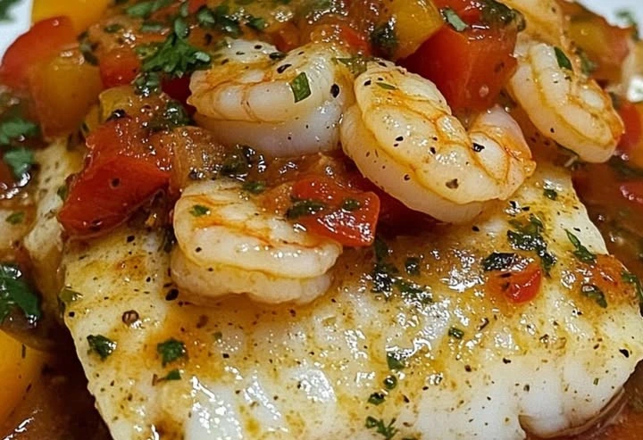 Bacalao con Salsa de Gambas y Pimientos del Piquillo