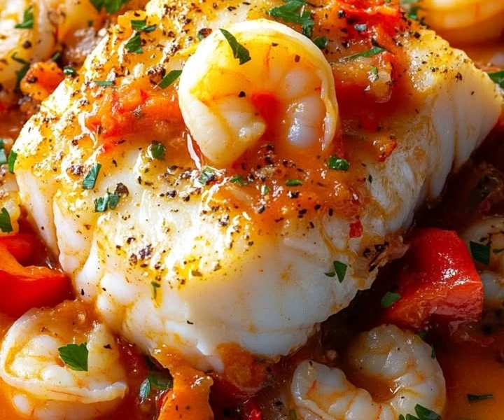 Bacalao con Salsa de Gambas y Pimientos del Piquillo
