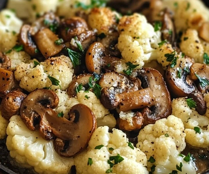 Cauliflower and Mushrooms in Garlic Sauce in Skillet