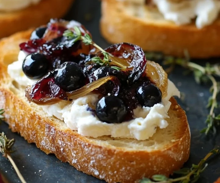 Crostini de Queso de Cabra, Arándanos y Cebolla Caramelizada