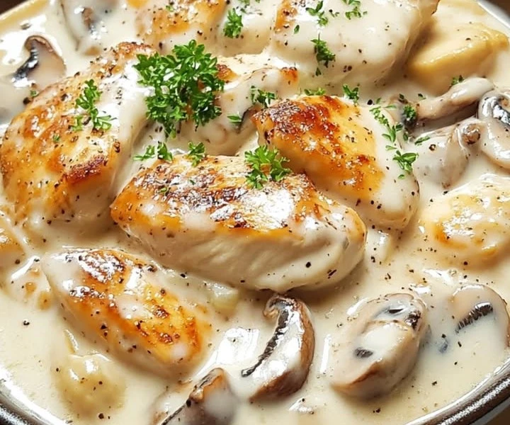 Pollo en Salsa Blanca con Champiñones