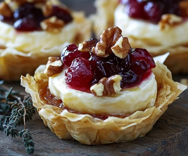 Tartaletas de Brie, Arándanos y Nueces sobre Masa Filo Crujiente